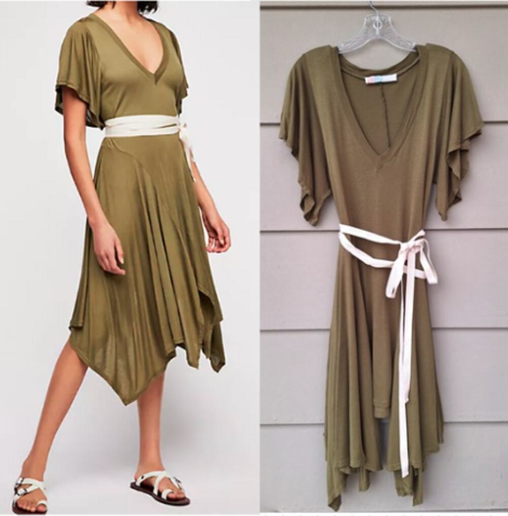 FP Free People Beach Somewhere Tunic Dress Olive Green Asymetrical Hem Size L